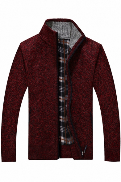 

Chic Plaid Print Inside Long Sleeve Stand Collar Zip Up Slim Fitted Cardigan, Black;blue;burgundy;red;beige;dark gray;light gray;coffee, LC496251