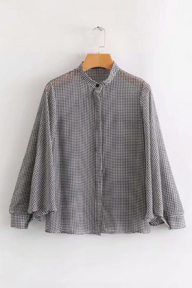 Classic Plaid Batwing Long Sleeve Stand Collar Button Down Shirt