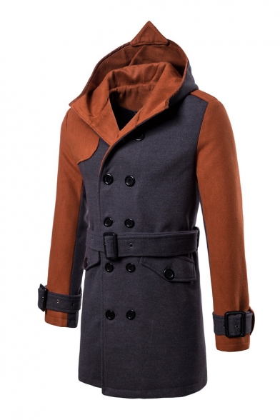 Colorblock Long Sleeve Double Breasted Regular Fitted Hooded Tunics Woolen Coat with Belt