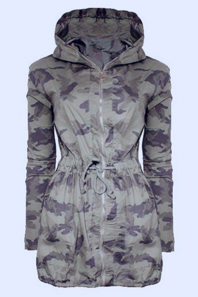 Cool Long Sleeve Zip Front Camouflage Drawstring Waist Hooded Tunics Coat