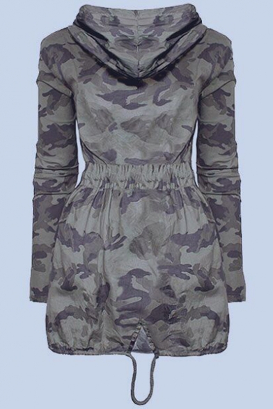 Cool Long Sleeve Zip Front Camouflage Drawstring Waist Hooded Tunics Coat