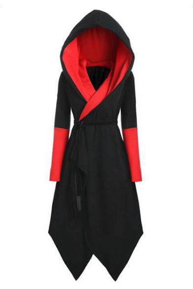 

Fashion Black And Red Colorblock Long Sleeve Hooded Tied Waist A-Line Hip Hop Midi Dress, LC494350