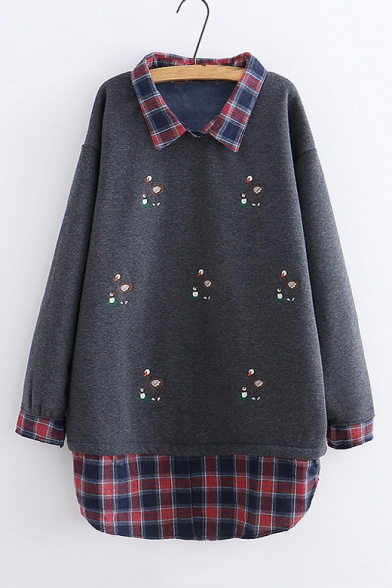 Fashion Check Patched Lapel Collar Long Sleeve Lovely Cartoon Embroidered Tunic Sweatshirt
