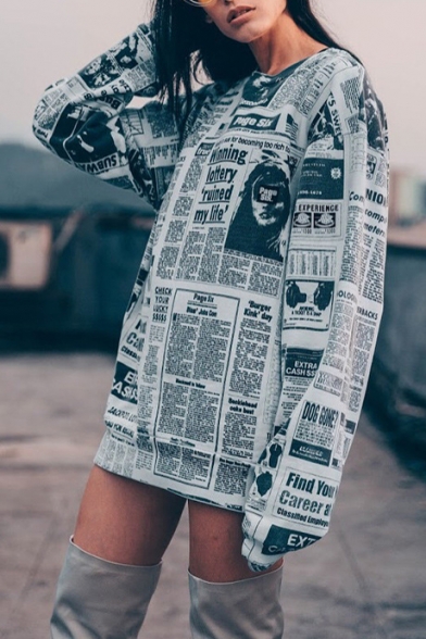 Fashion White Newspaper Print Round Neck Long Sleeves Pullover Sweatshirt