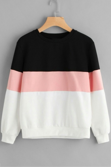 Hot Fashion Colorblock Round Neck Long Sleeve Casual Loose Pullover Sweatshirt
