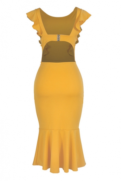Hot Popular Cap Sleeve Round Neck Suffle Detail Midi Plain Fishtail Dress