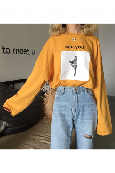 Leisure Yellow SEE YOU Cat Print Round Neck Long Sleeves Autumn Tee