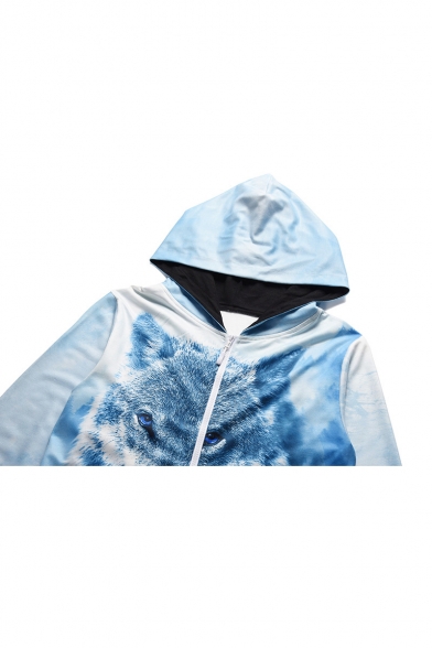 Light Blue 3D Wolf Pattern Zip Front Long Sleeve Hooded Jumpsuits