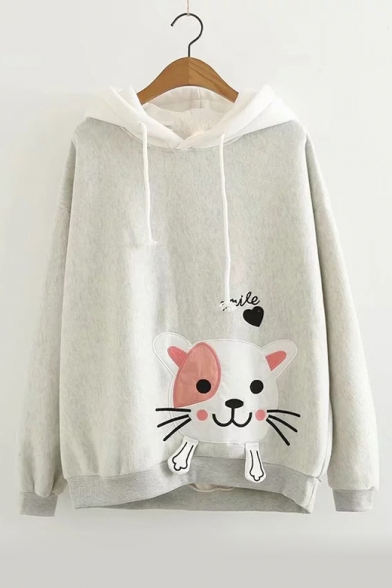 Lovely Cartoon Cat SMILE Letter Embroidered Long Sleeve Loose Leisure Hoodie
