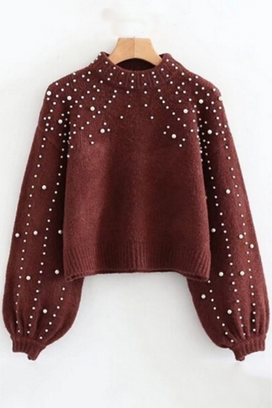 Mock Neck Bubble Sleeve Plain Beaded Embellished Loose Sweater