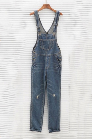 New Stylish Ripped Detail Rolled Cuff Dark Blue Loose Fitted Overall Jeans
