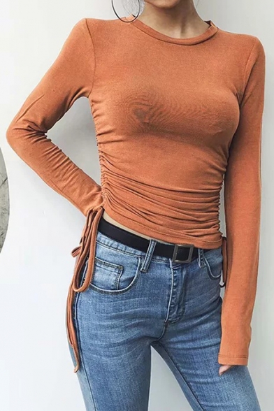 Popular Caramel Round Neck Long Sleeves Ruched Drawstring Side Cropped Slim Tee Top