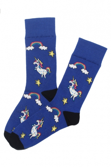 Rainbow Unicorn Pattern Unisex Cute Royal Blue Socks