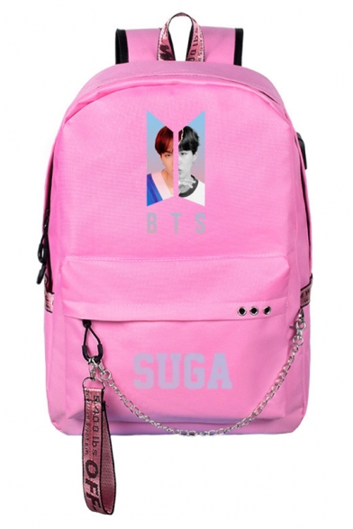 Retro Pink Graphic Print Chain Zippered Backpack Bag for Students