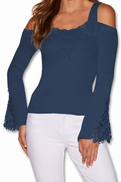 Sexy Cold Shoulder Fashion Lace-Paneled Solid Slim Long Sleeve Bell Cuff T-Shirt
