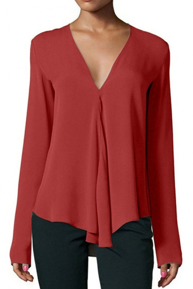 Simple Solid V-Neck Long Sleeve Loose Fitted Chiffon Blouse for Women