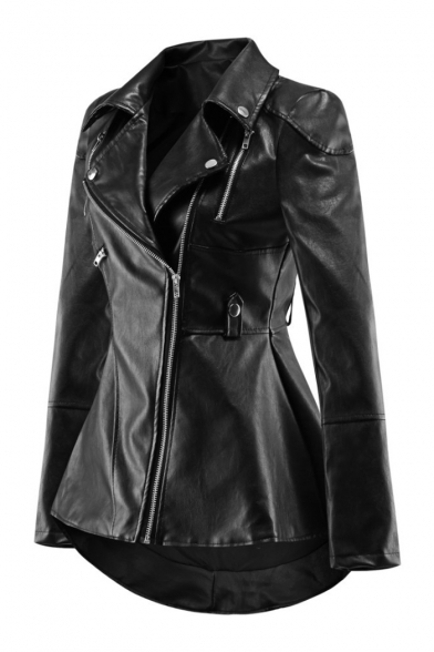 Street Style Long Sleeve Notched Lapel Collar Plain Zip Placket Black PU Jacket