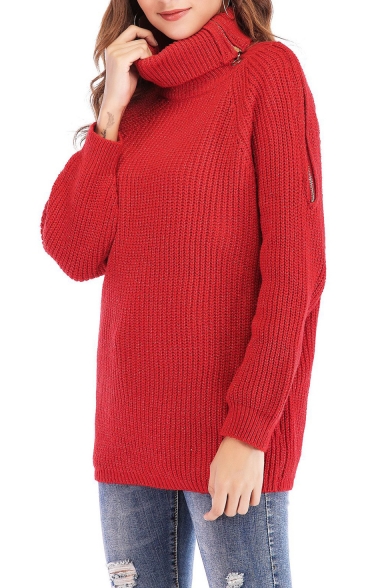 Stylish Zip Closure Turtleneck Long Sleeve Solid Red Relaxed Cozy Sweater