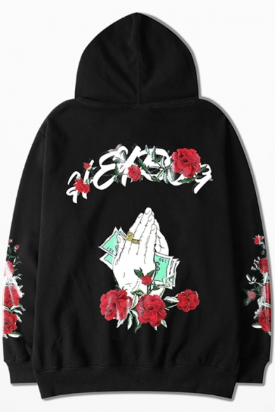Unisex Long Sleeve Casual Letter Hand Rose Floral Printed Oversize Black Hoodie