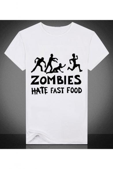White Cartoon ZOMBIES Graphic Print Round Neck Short Sleeves Casual Tee