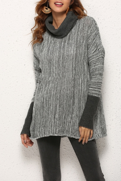 Winter's Trendy Long Sleeve Turtleneck Fashion Two-Tone Tunic Sweater