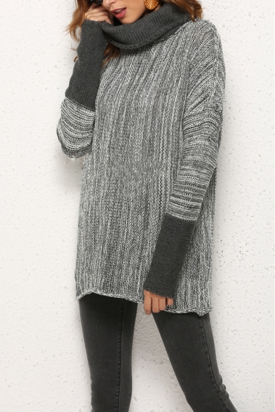 Winter's Trendy Long Sleeve Turtleneck Fashion Two-Tone Tunic Sweater