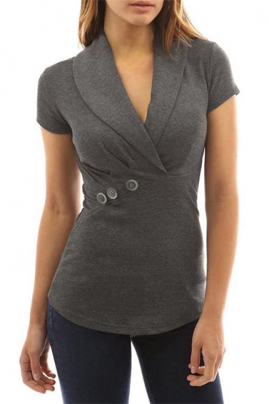 Women's Chic Lapel V-Neck Short Sleeve Button Embellished Cotton Slim T-Shirt