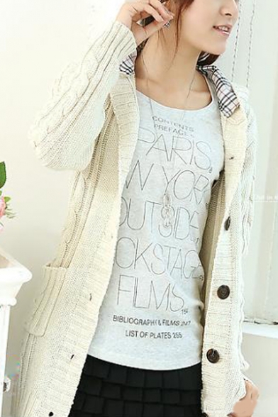 Cable Long Sleeve Single Breasted Tie Back Plaid Hooded Patched Longline Cardigan