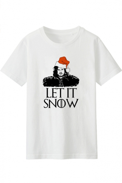 Cartoon Character Letter LET IT SNOW Printed Round Neck Short Sleeve Cotton Tee