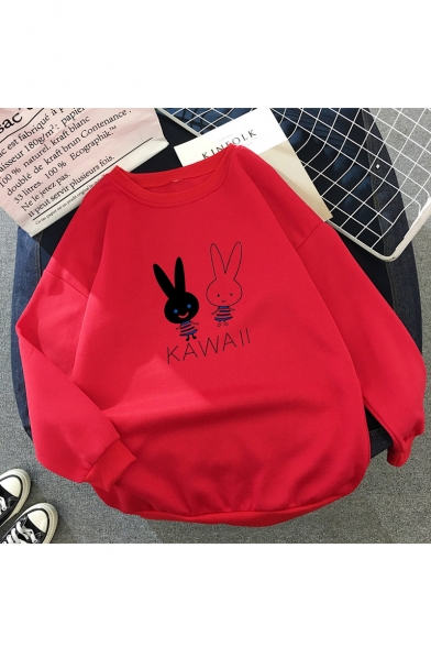 Cozy Cartoon Rabbit Letter Printed Long Sleeve Round Neck Sweatshirt