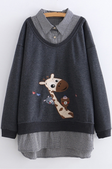 Cute Cartoon Deer Pattern Gingham Print Patched Lapel Collar Long Sleeve Sweatshirt