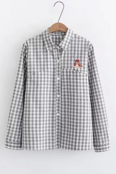 Cute Cartoon Embroidered Plaid Pattern Long Sleeve Lapel Collar Button Down Shirt