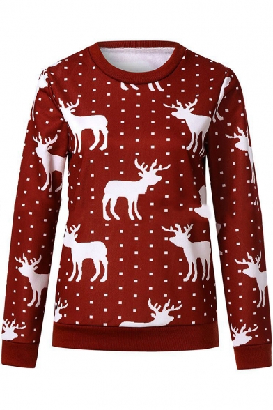 Digital Polka Dot Cartoon Deer Printed Long Sleeve Round Neck Red Sweatshirt for Women