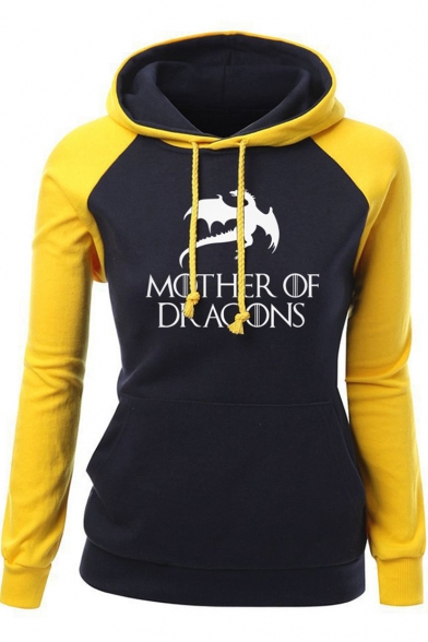 Fashion Colorblock Letter MOTHER OF DRAGONS Printed Long Sleeve Fitted Hoodie