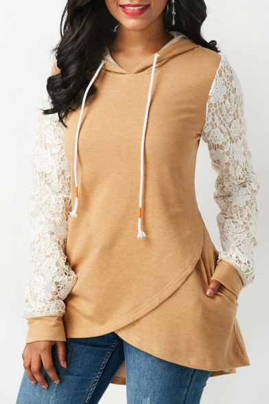 Fashion Lace-Paneled Long Sleeve Colorblock Yellow Fitted Hoodie