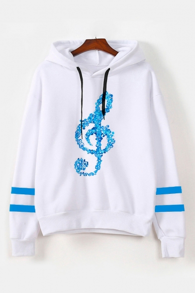 Fashion Musical Note Print Striped Long Sleeve Relaxed Hoodie