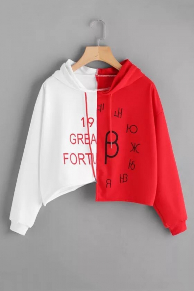 Fashion Red and White Colorblock Two-Tone Long Sleeve Loose Cropped Hoodie