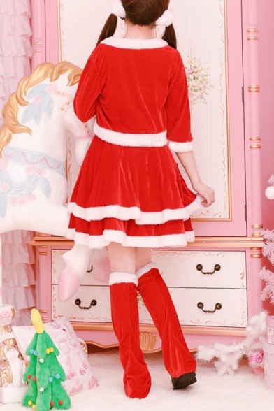 Fashion Red Christmas Cosplay Bunny Girl Mini Slip Dress Coat Belted Waist with Ear Headband Footmuff Five-Piece