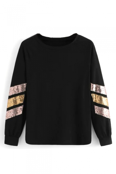 

Fashion Sequined Striped Long Sleeve Round Neck Loose Casual Sweatshirt, Black;burgundy;gray;yellow;army green