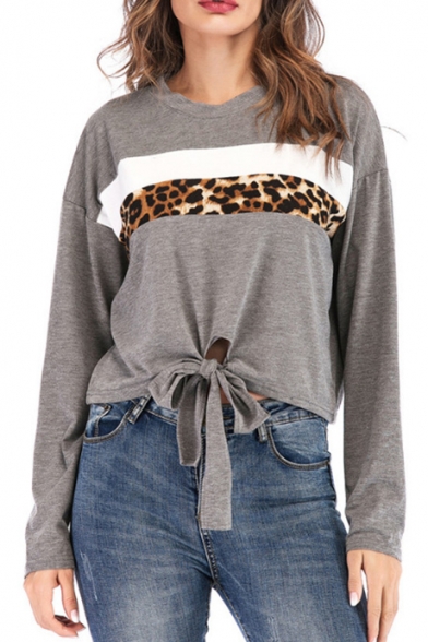 Fashionable Long Sleeve Round Neck Leopard Patched Knot Front Gray Loose Top