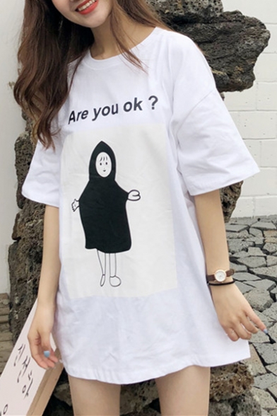 Funny Cartoon Letter ARE YOU OK Printed Short Sleeve Round Neck Cotton Tee