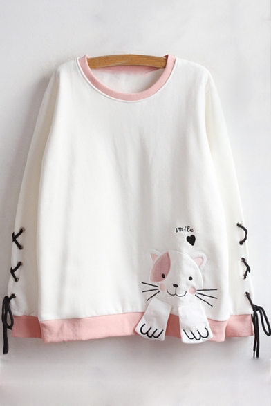Lace Up Detail Long Sleeve Round Neck Cartoon Cat Embroidered Sweatshirt