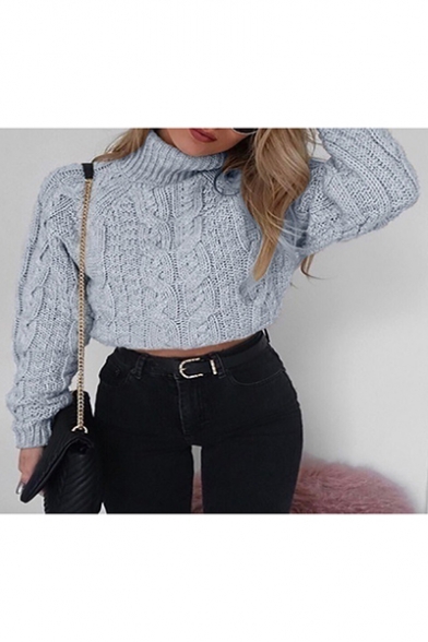 Leisure Long Sleeve High Neck Cable Knit Plain Cropped Sweater
