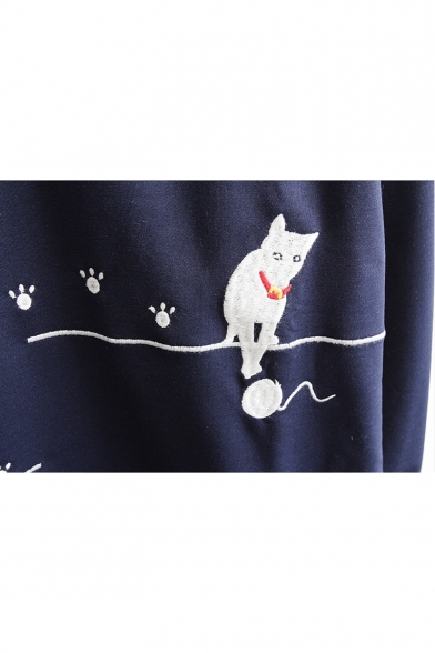 Leisure Long Sleeve Round Neck Cartoon Cat Printed Dark Blue T-Shirt