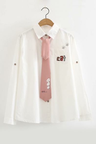 Letter CAT Embroidered Pink Tied Callar Long Sleeve White Button Down Shirt