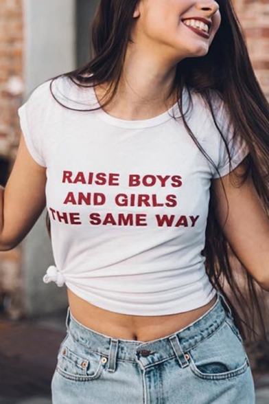 Loose Casual Short Sleeve Round Neck Letter RAISE BOYS AND GIRLS THE SAME WAY Printed Tee