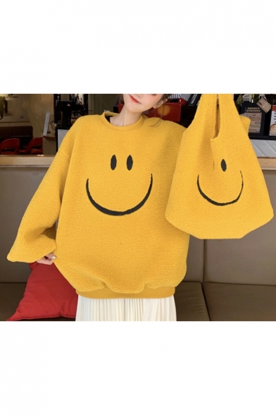 Lovely Big Smile Face Embroidered Crewneck Long Sleeve Box Oversized Fleece Sweatshirt