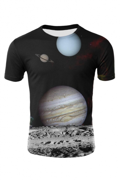 

Men' Simple Short Sleeve Round Neck 3D Moon Pattern Black Tee, LC494494