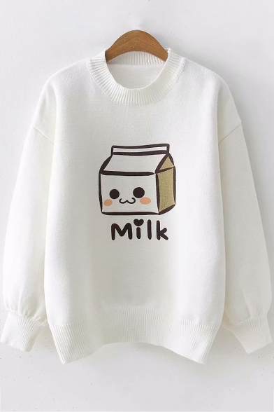 Milk Box Printed Long Sleeve Round Neck White Fitted Sweater