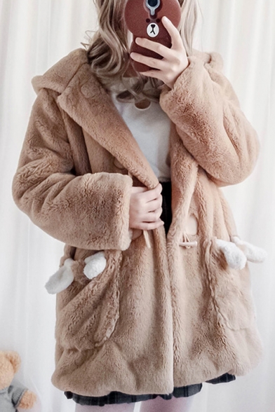 New Arrival Long Sleeve Toggle Cute Cartoon Bear Hooded Longline Light Coffee Faux Fur Coat